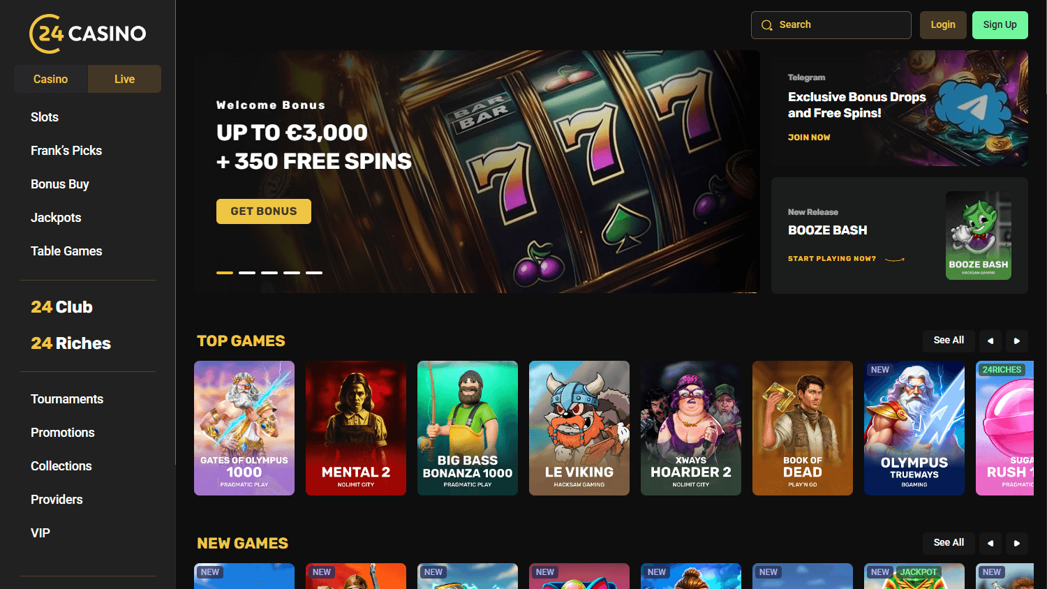 24Casino Ireland homepage showing welcome bonus and game categories
